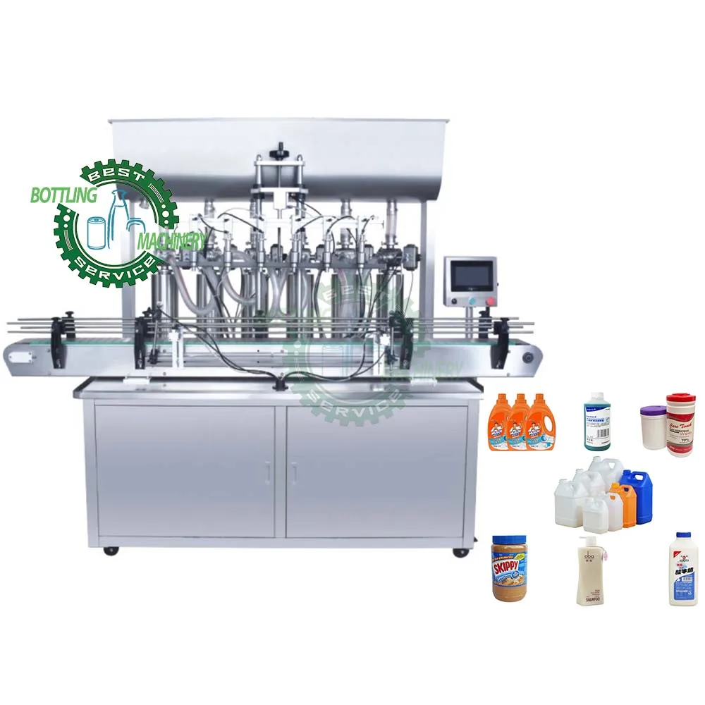 2 4 6 8 Head Linear Sauce Paste Jam Cheese Butter Syrup Ketchup  Bottle Auto Pneumatic Piston Filling Machine with Mixing Hopper
