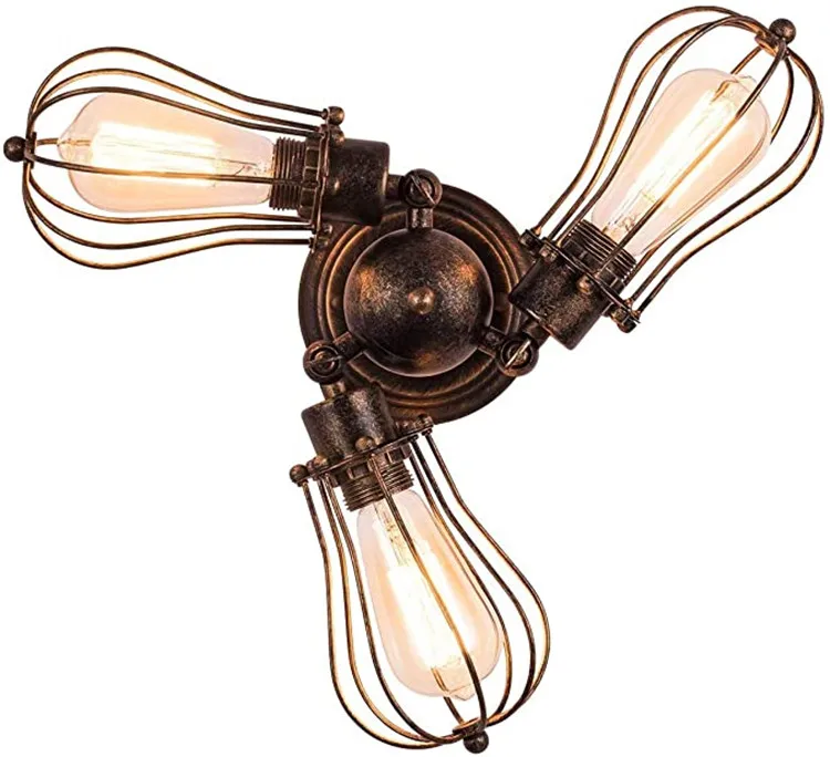 Industrial Rustic Rotatable Ceiling Lighting in Golden Bronze  Vintage 3-Light Wire Cage LED Ceiling Lights