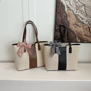New Top Handle Canvas and PU Leather Patchwork Large Capacity Tote Bag Ladies Shoulder Bag with Silk Scarf Handle