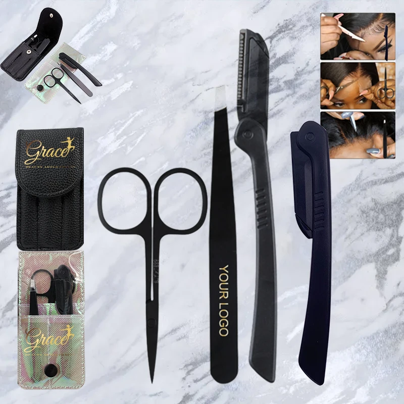 4 in 1 Custom Logo Wig pre-plucked Hairline Tweezers scissors Razors Lace  frontals Install cut lace Install Tools kit