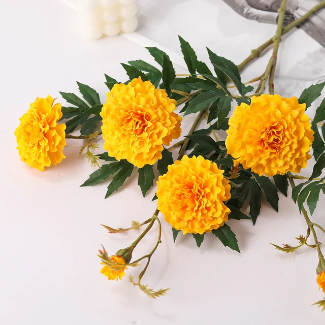 Home hotel decoration flower artificial marigold flowers White golden yellow silk marigold flowers artificial  bouquet