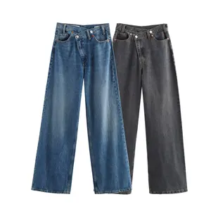 European and American Style New Women's Summer Dark Solid Button Basic All-match High Waist Wide Leg Washable Denim Pants