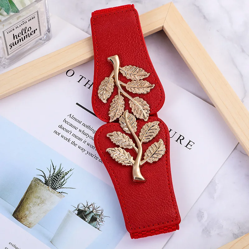 Factory Gold Leaves Buckle Women Belts Elastic Ladies Fashion Wide Fancy  Belts for Dress