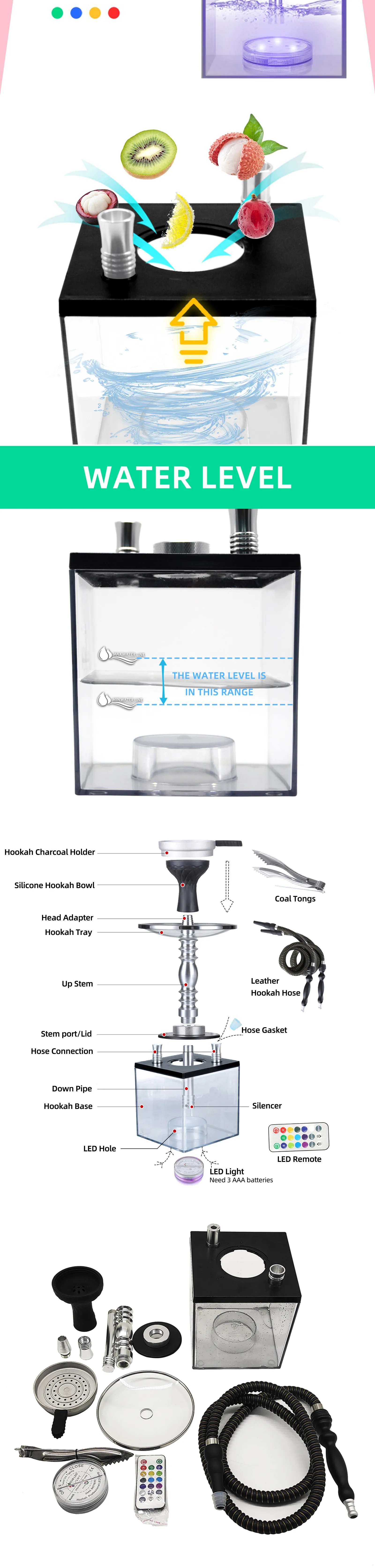 Shisha Hookah Wholesale Custom Square Acrylic Hookah Set With 2 Hose