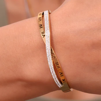 Dropshipping Luxury Engraved Roman Numeral Gold Bangles Rhinestone 18K Gold Plated Stainless Steel Jewelry
