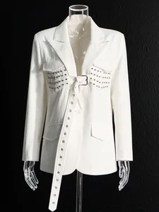 Edgy European & American Style White Rivet Belted Waist Trendy Blazer