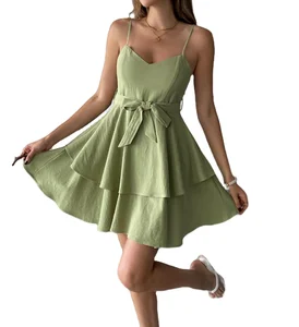Custom High Quality  Summer Causal Dress  Sleeveless A-Line Belted High Waist slip Mini Skirt Sweet Style Short Dress