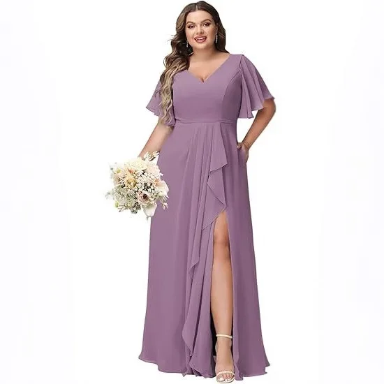 Large Size Evening Dress Chubby Girl Slimming V-neck Chiffon Empire Waist Floor-Length A-Line Split Bridesmaid Dress Wedding