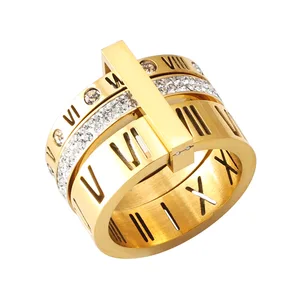 Fashionable Retro Women's Stainless Steel Zircon-Studded Three-Ring Roman Numeral 18K Gold Plated Fashion Ring