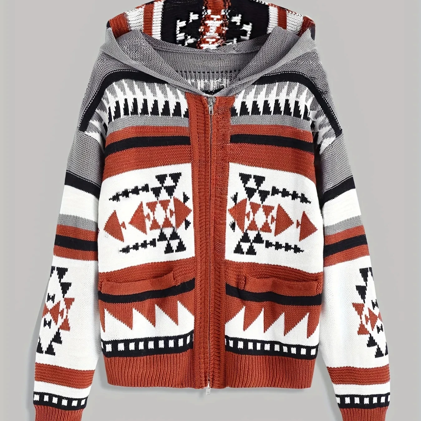 2025 Custom Vintage Aztec Style Zip up Knitted Cardigan Women's Zipper Hooded Sweater With Pockets