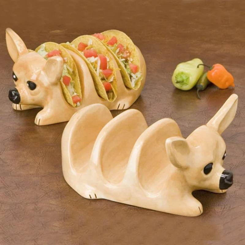Custom Tabletop Dining Decor Taco Stand Rack Server Serving Tray Plate 3 Slot Ceramic Cute Chihuahua Dog Shaped Taco Holder