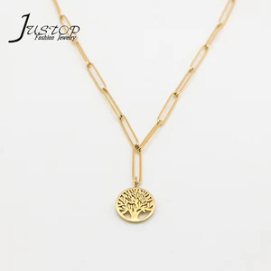 18K Gold Plated Geometric Life Tree Titanium Steel Clavicle Chain Pendant Necklace for Women