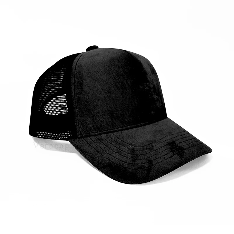 HN05 Custom Logo Embroidered Mesh Netted 5 Panel Fuzzy Blank Velvet Snapback Suede Baseball Hats Dad Velour Trucker Cap_voghion.com