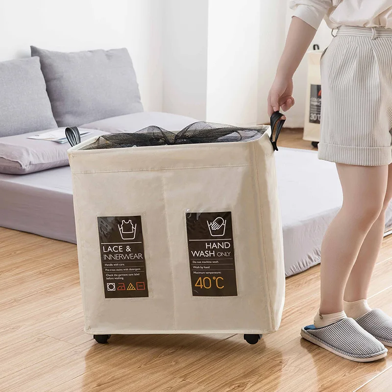 Foldable Storage Basket with Wheels Caster Laundry Basket Collapsible Large Hamper Barrel Dirty Clothes Laundry Bag Organization