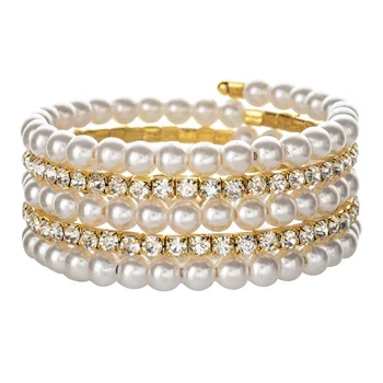 Promotion Fashion Jewelry Women and Girls Crystal Diamond Gold Silver Plated Bangle Imitation Pearl Beaded Bracelet