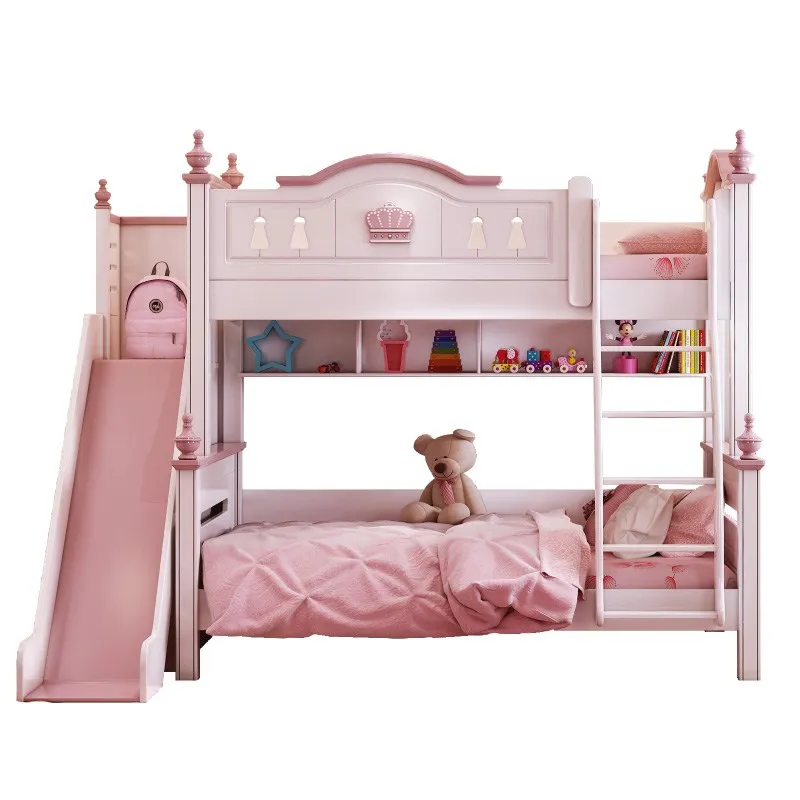 モダンなピンクのプリンセスベッド｜子供用二段ベッド、木製家具
