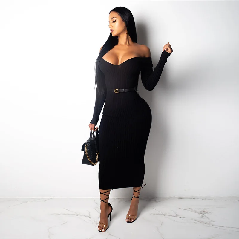 2021 Best Ruched Spaghetti Strapped Design Off Shoulder Women Club Wear Long Sleeve V Neck Bodycon Sexy Sweater Spring Dresses