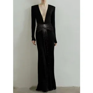 Factory Wholesale Runway Fashion Black Long Dress Women Autumn Winter V-Neck Long Sleeve Belt Luxury Beading Bandage Party