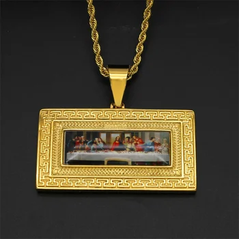 Custom personalized gold pendant last supper stainless steel gold square picture necklace
