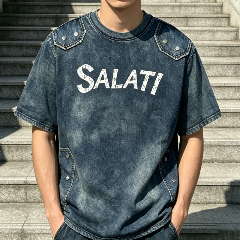 Custom Summer 100% Cotton Distressed Short-Sleeve Silk Screen T-Shirt Embroidery Rhinestones Vintage Stone Wash Studs Men's gallery 5