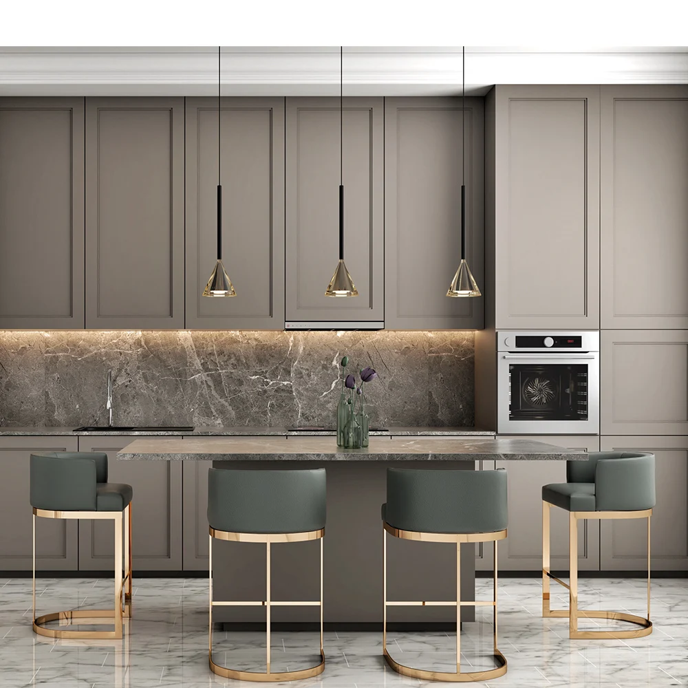Modern White Modular High Gloss Kitchen Cabinets With Round Design Island