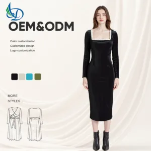 Retro Spring and Autumn Maxi Dress with Pearl Details, Breathable Weaving and Fine Spinning Fabric, Square Neck, Solid Color