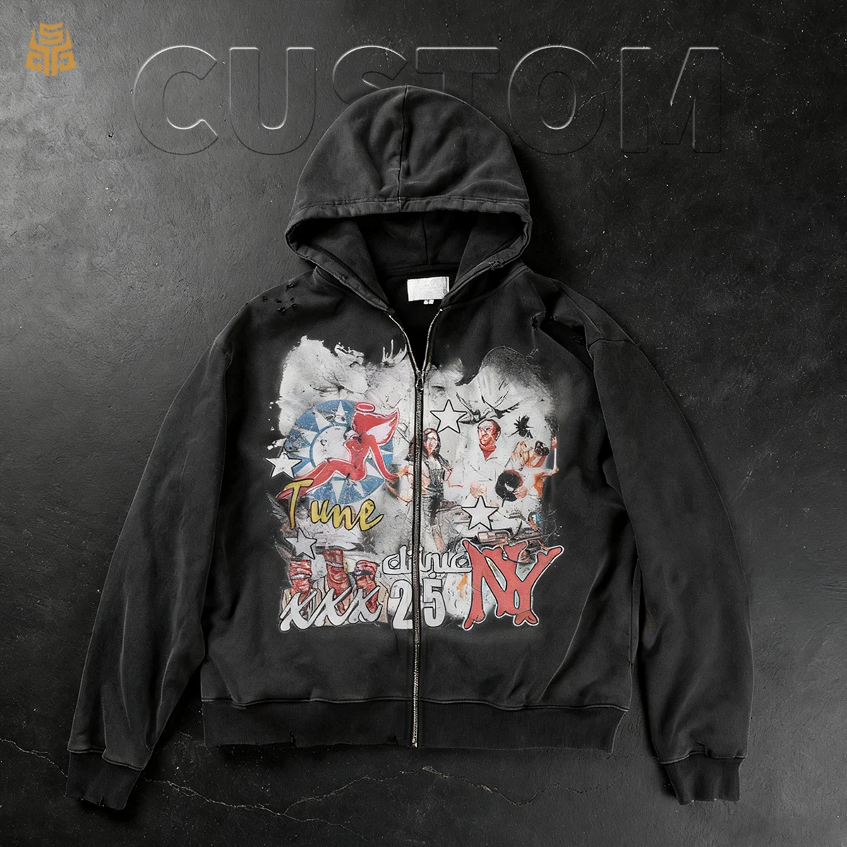 400gsm Mens Vintage Acid Wash Zip up Oversized Hoodie Manufacturers Heavyweight Digital Printing and Ribbed Cuffs Design