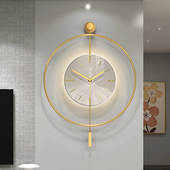 Modern Oversize Pendulum Wall Clock With Led Light Round Metal Iron Art ...