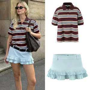 Cross-border European American Streetwear Fashion Striped Polyester Short-sleeved T-shirt Top + Low-waist Pleated Skirt 2026
