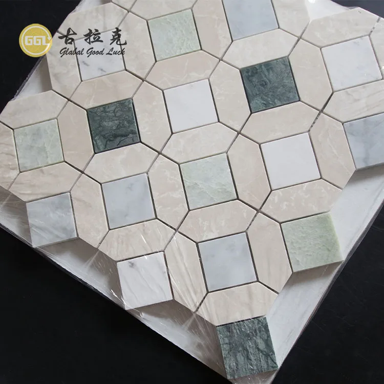 New Beige Marble Nature Stone with Green Marble Octagon Mosaic Tile for Decor details