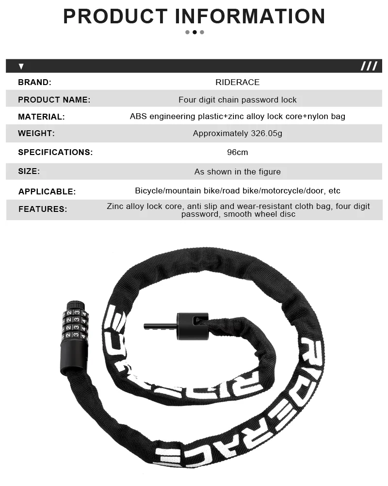RIDERACE Bicycle Chain Lock Portable Anti-theft High Security MTB Mountain Bike Lock With 2 Keys for Scooter Electric E-Bike