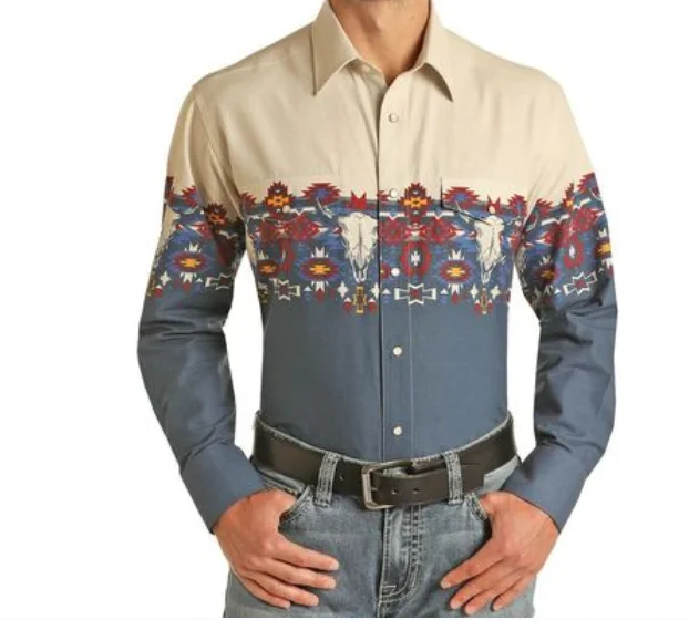 Lässiges Retro-Herren-Langarm-Stehkragenhemd im amerikanischen Western-Denim-Stil, individuell, personalisierbar, bedruckt114_voghion.com