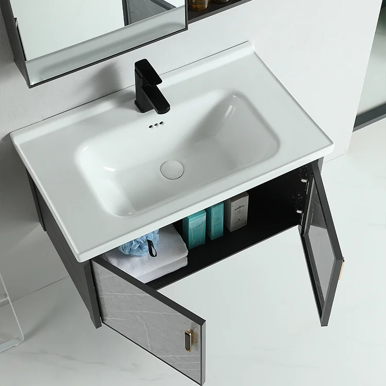 Hotel washroom furniture waterproof smart mirror wall mounted bathroom vanity cabinet sink supplier