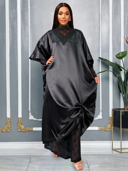 AM050846SET Loose Oversize Casual Wear Inner Lace Dress Batwing Sleeve Black Two Pieces Women Sets