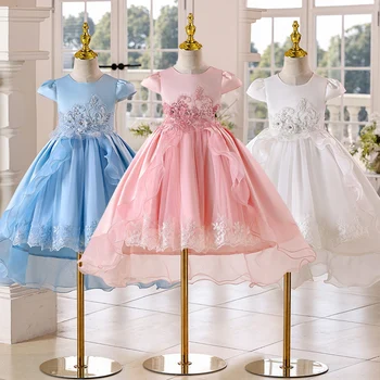 Elegant Girls Pink Satin Princess Dress O-Neckline Casual Party Bow Tie Short Sleeve Mesh Tutu Gown Embroidery for Kids Children