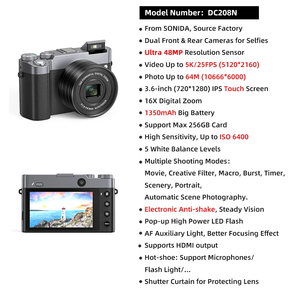 SONIDA Factory 2025 NEW 5K 64M Vintage Vloging Video Recorder Filters Digital Photo Camera