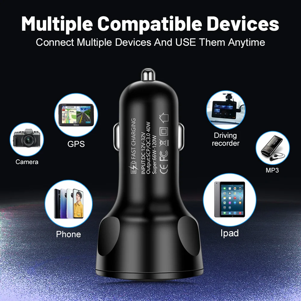 66W Digital Display Car Charger Adapter 4 USB Ports Fast Charger Quick Charge 3.0 Overcurrent OTG OLP USB Interface Car Charger