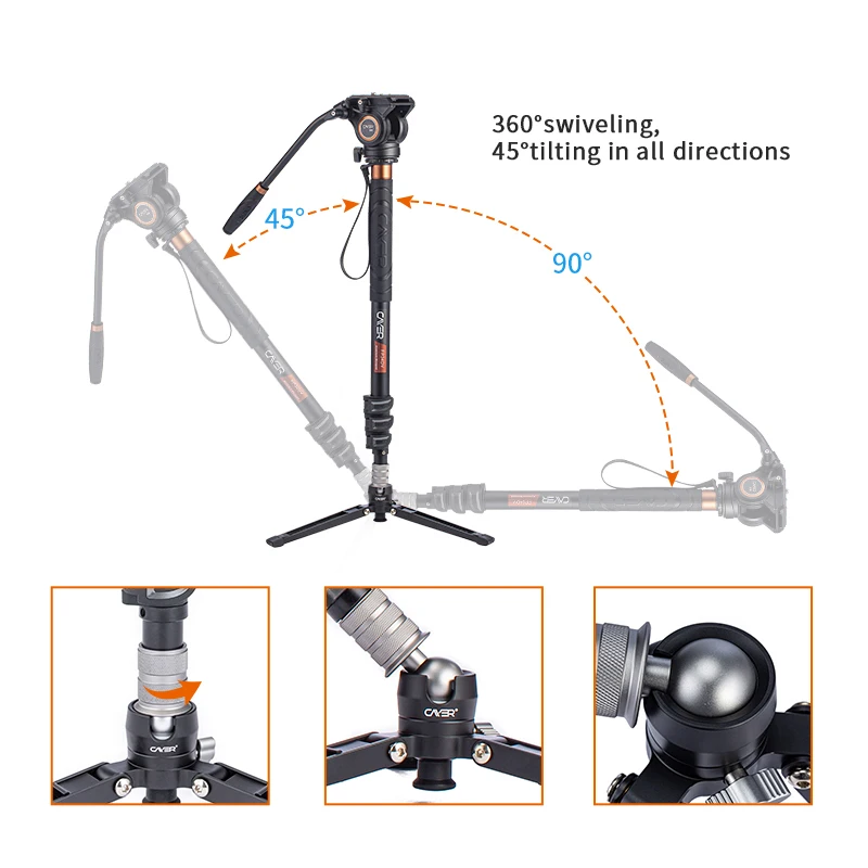 Monopie Cayer FP34DV De 71″ Con Cabezal Fluido Y Base Trípode – Para Cámaras DSLR, Soporta Hasta 6 Kg