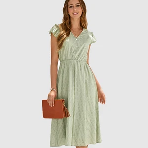 Women's Elegant A-Line Maxi Dress V Neck Button Detail Short Sleeves for Summer Vacation Casual Style Woven Pattern Natural