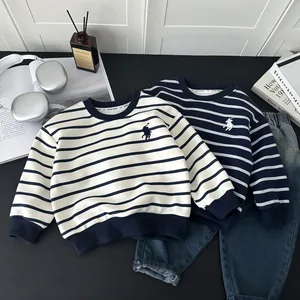 Customized Boys Fashion Baby Crew Neck Hoodies Contrast Striped Warm Comfortable Knitted Sweaters Clothes for Kids