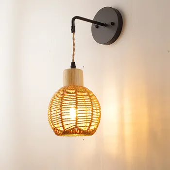 Paper Rope Rattan Wall Sconce Natural Style Plug in Wall Lights for Living Room Bedroom Hallway