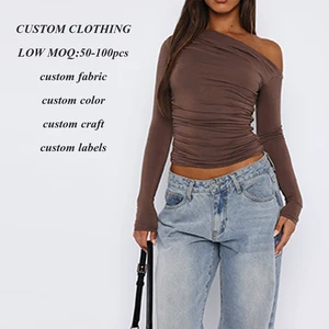 Factory New Arrival High Stretch Slim Fit Fitness Tshirts Custom Ruched Design Women One Shoulder Crop Plain Long Sleeve t Shirt