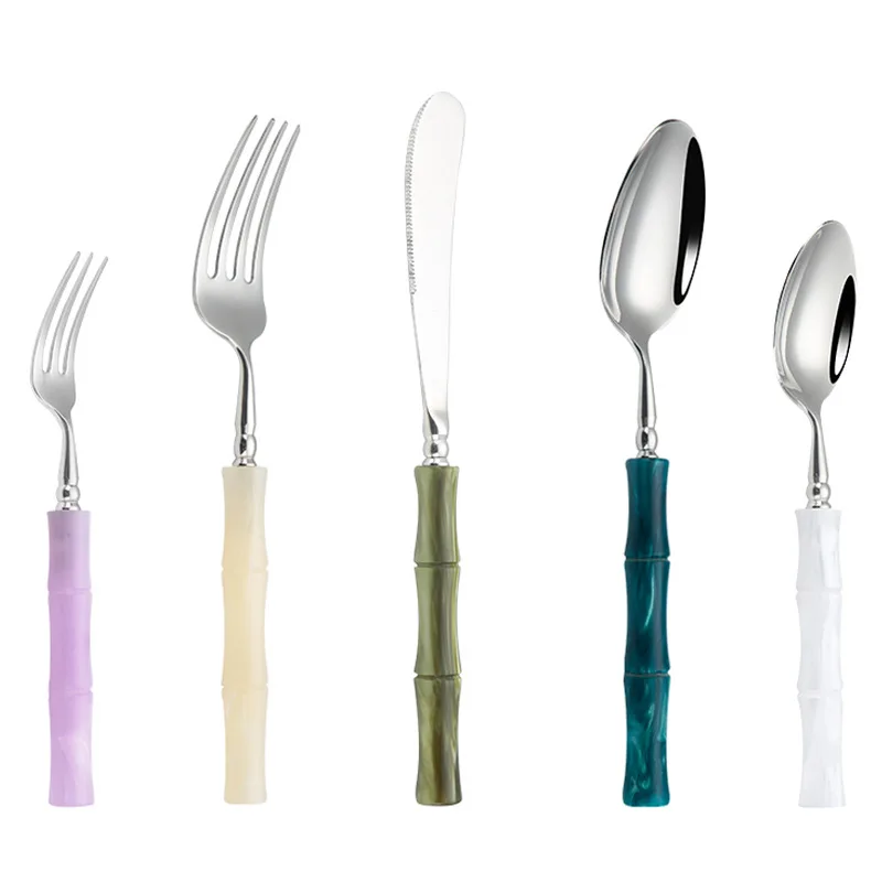 New Unique Resin Bamboo Handle Silverware Fork Knife Spoon Spreader Stainless Steel Bamboo Cutlery Set