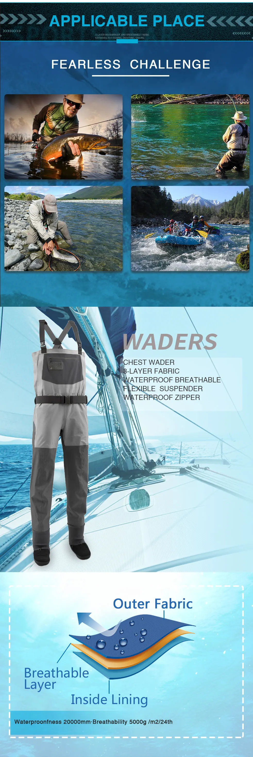 Men S Fly Fishing Waders Three-layer Waterproof Fabric With Neoprene Socks  Wm20