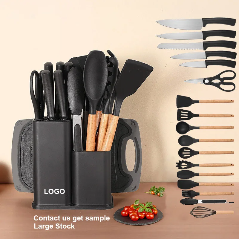 High Quality 19pcs Household Kitchenware Silicone Kitchen Utensil Set With Wooden Handle and Cutting Board Storage Bucket Gadget