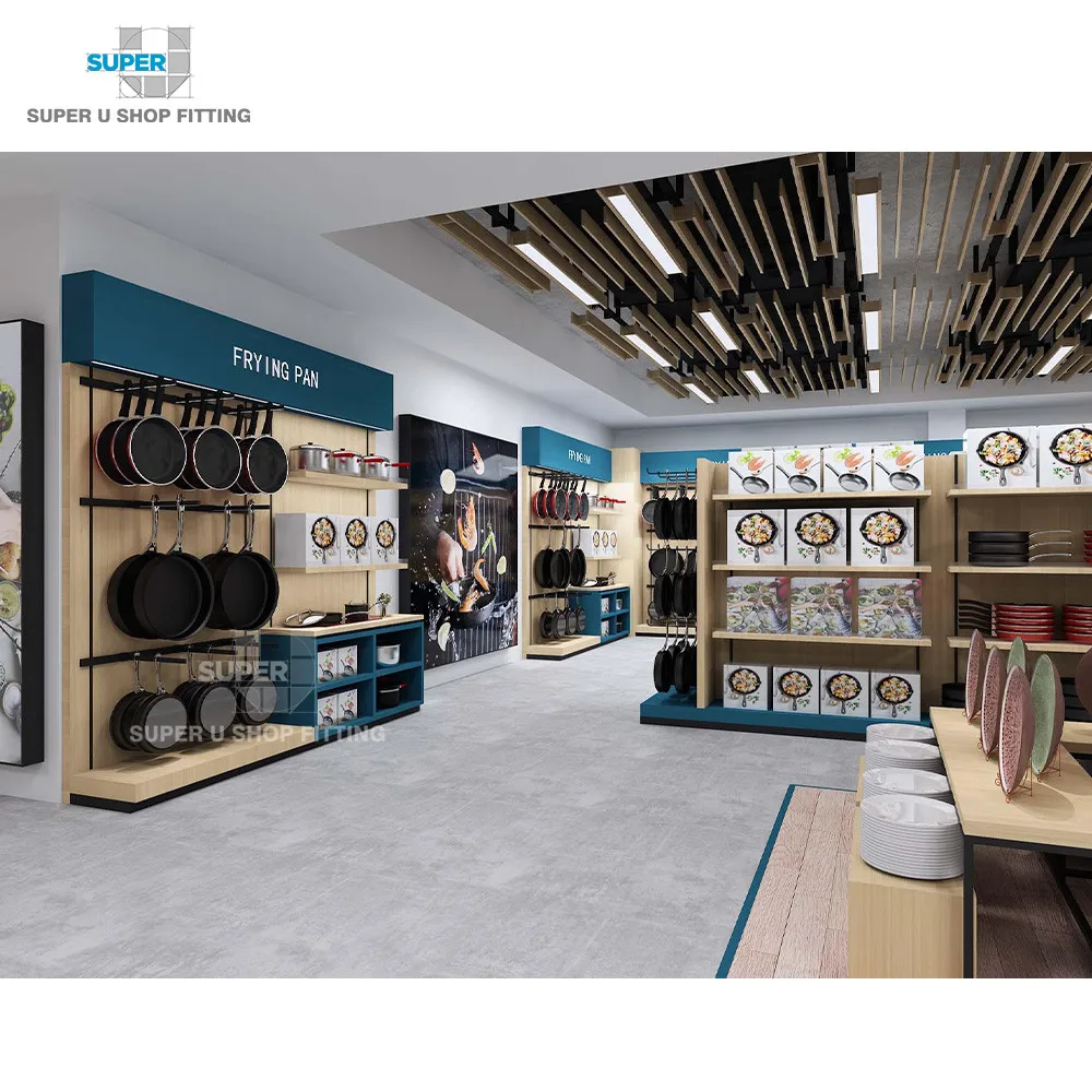 Modern Custom Wood Cookware Department Store Fixtures Hot Fashion Unique Housewares Shop Interior Design for Kitchenware