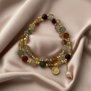 Muxcor Pink Natural Stone Beaded Brown Bracelet Classic Fashion Fancy Alloy Crystal Jewellery for Ladies Women