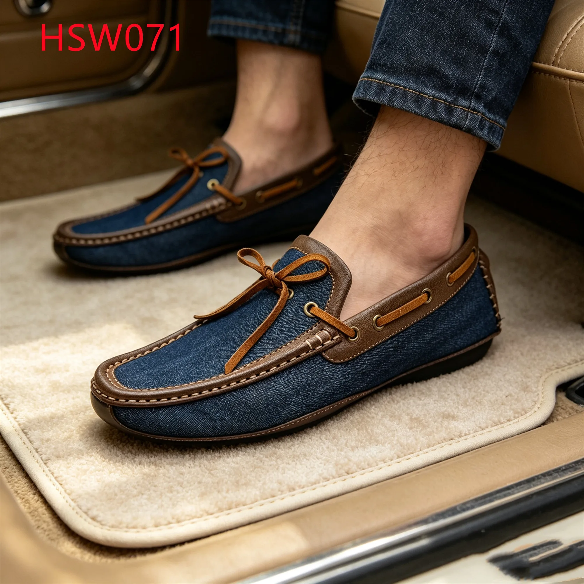 LXG,Walk Steadily Square Toe Moccasin Stitching Boat Shoes Leather Lacing Bow Design Pull-on Hua Singh Denim Penny Shoes HSW071