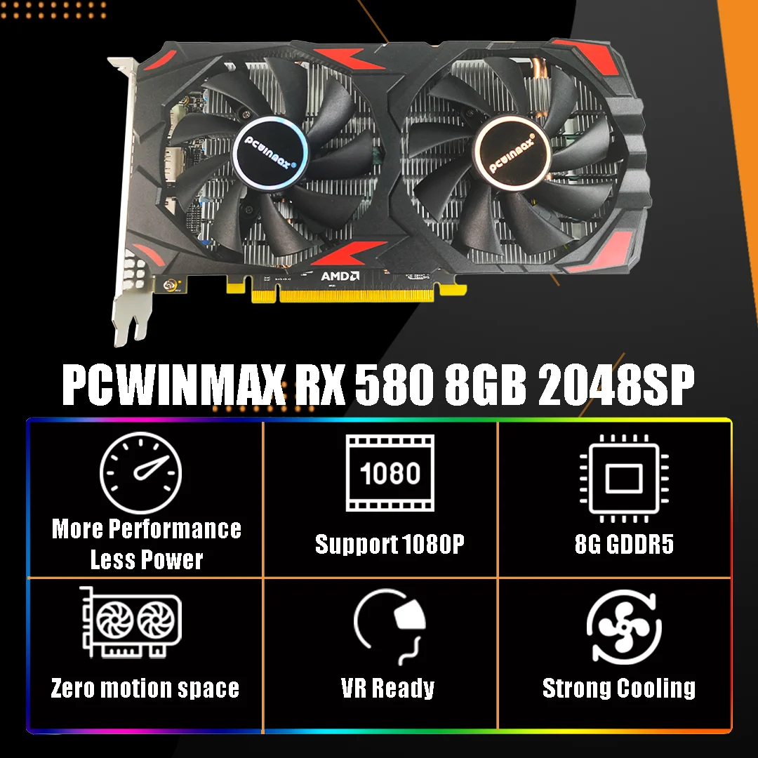 PCWINMAX RX580 8GB DDR5 GPU - High Performance Video Card