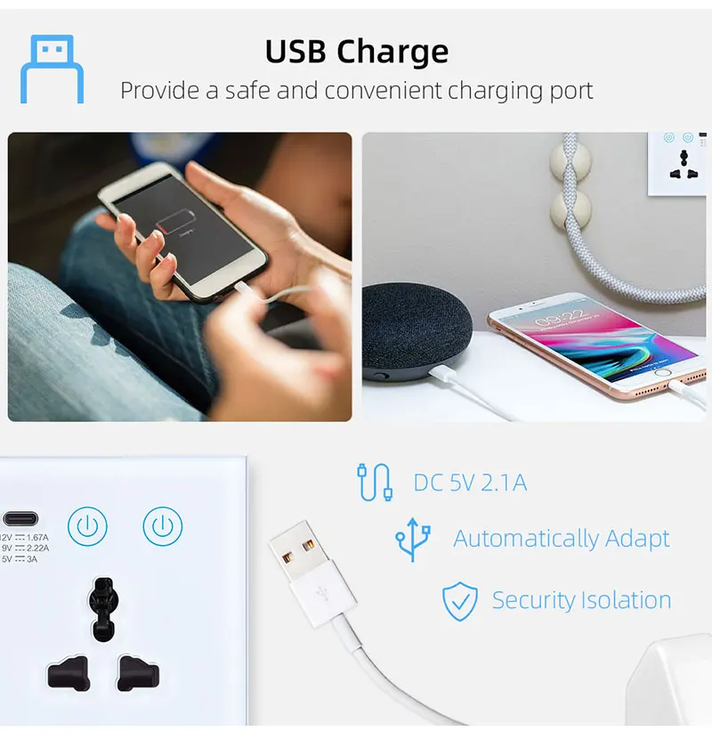 Tuya Wifi Smart Socket With USB Type-C Interfaces 147 Universal Electrical Power Socket 20A Dual Socket